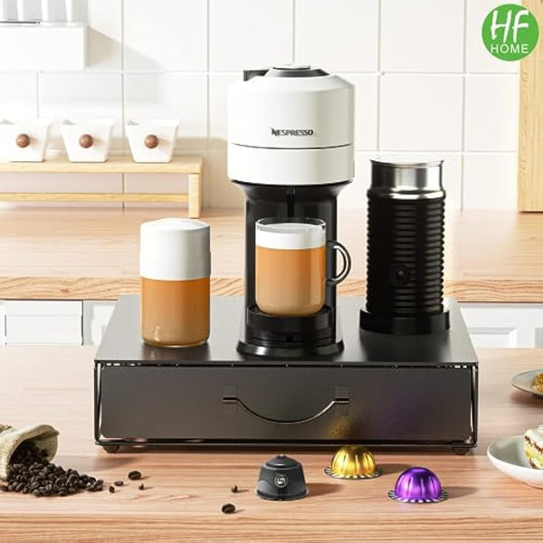 HFHOME Metal Coffee Pod Holder for 48 Nespresso Vertuo & Dolce Gusto Pods, Nespresso VertuoLine Capsule Drawer Organiser Coffee Machine Stand