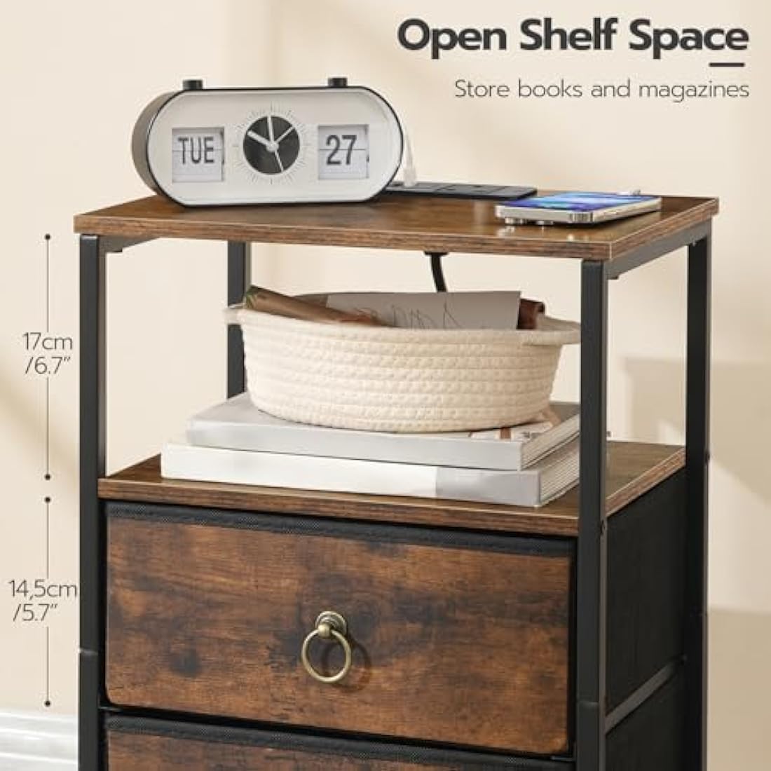 HOOBRO Bedside Table with Charging Station, Side Table with 2 USB Ports and Outlet, End Tables with 2 Fabric Drawers, Nightstand for Small Spaces, Rustic Brown and Black EBF110KBZ01