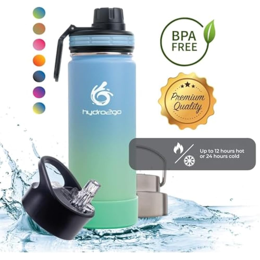 hydro2go Stainless Steel Water Bottle – BPA-Free Bottle for Kids, School, Sports & Outdoor – Keeps Drinks Hot for up to 12H and Cold for up to 24H – Includes 3 Drinking Caps – 530ml (Lagoon)