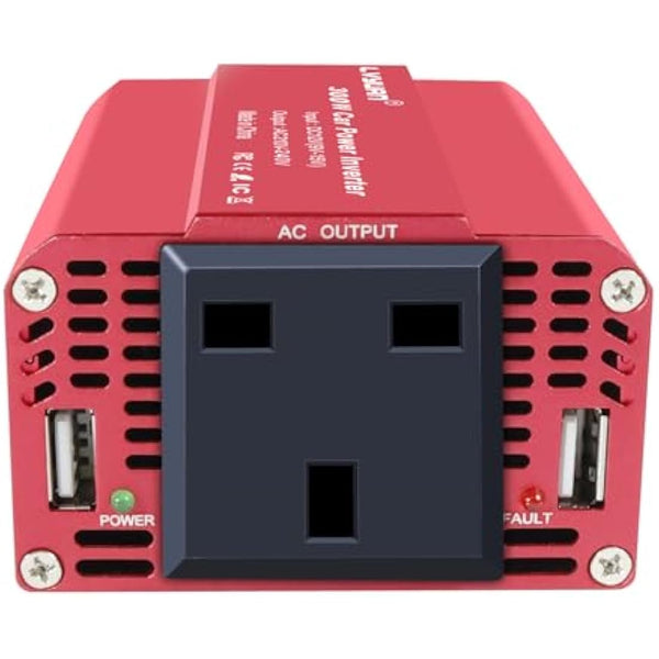 LVYUAN 300W Car Power Inverter DC 12V to 230V 240V AC Converter with Dual USB 2.4A Ports & UK Sockets Cigarette Adapter Converter, Red Aluminum Alloy Body