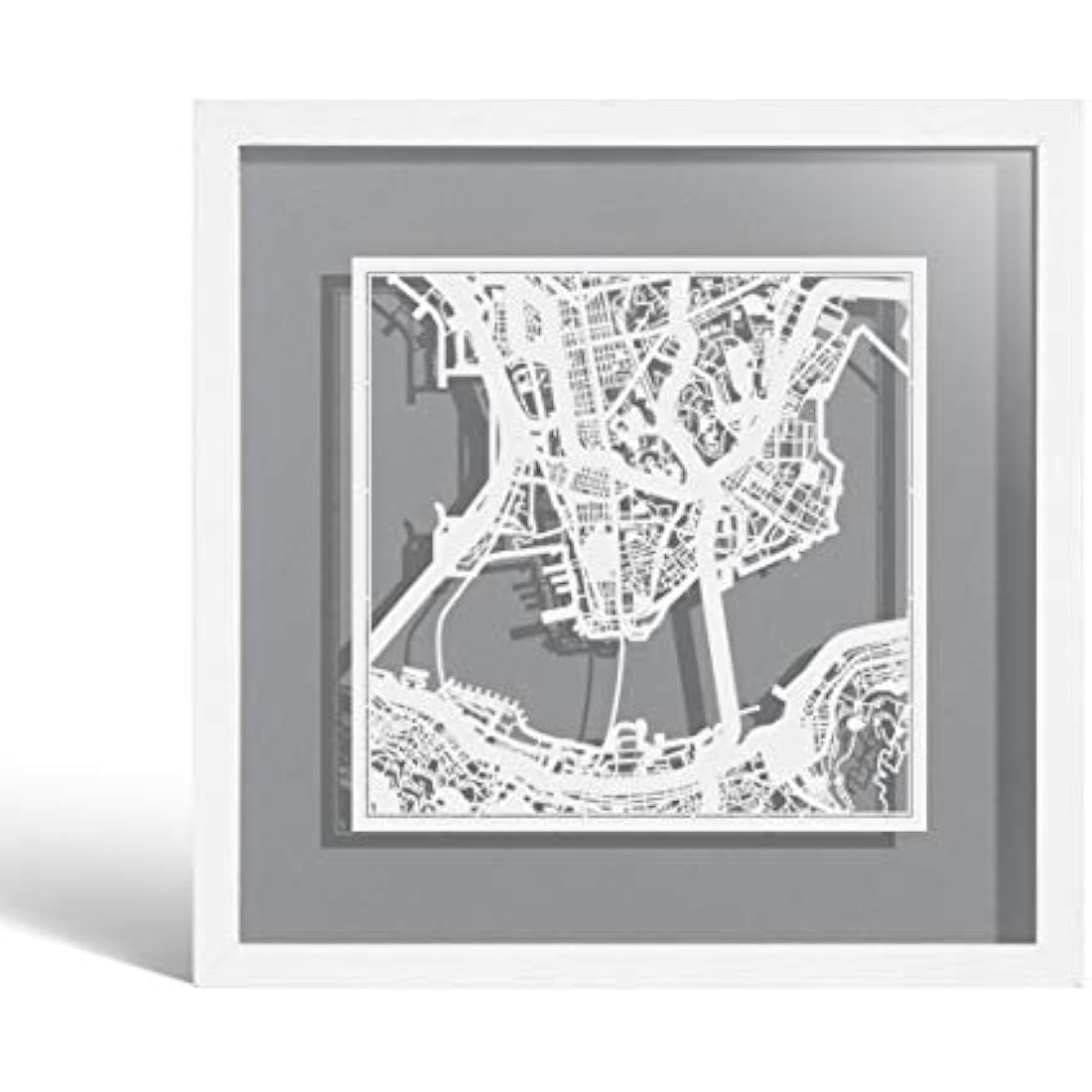O3 DESIGN STUDIO Hong Kong Paper Cut Map framed, White map, White frame, 9x9 inches, Gift Boxed, 4 background color, self-changing, Paper Art