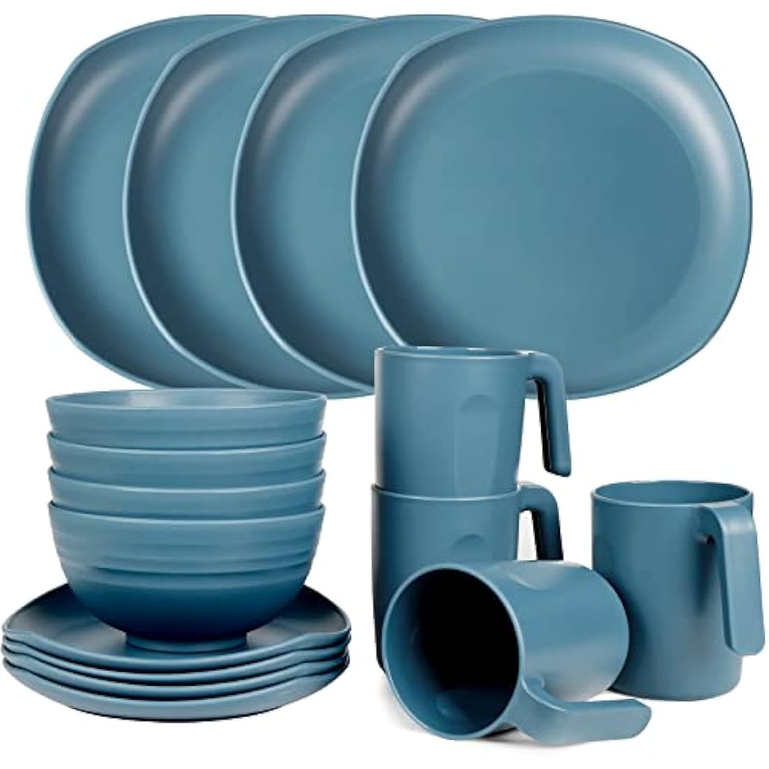 Greentainer Unbreakable Lightweight Dinnerware Sets, Plastic Dinner Set, 4 Dining Plates, 4 Bowls, 4 Cups, Microwave and Dishwasher Safe, Camping Tableware for Kids and Adults, Service for 4(Blue)