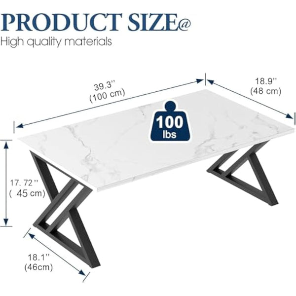 Coffee Table, Living Room Table, Center Tea Tables, Rectangular Tea Tables, End Sidetable with Black Metal Frame for Living Room Bedroom Office, Modern Open Design, 39.3 x 18.9 x 17.7 IN, White/Black