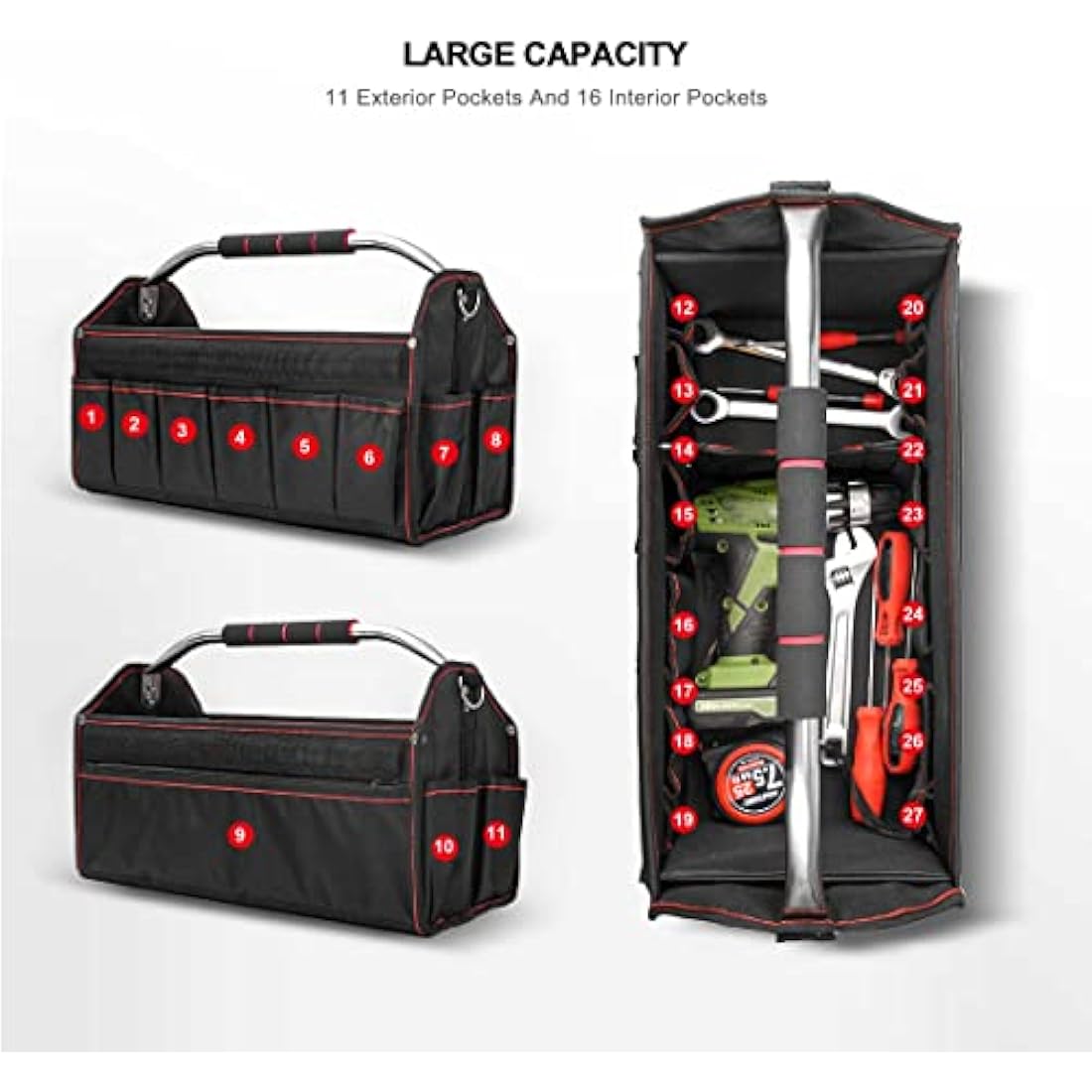 HAUTMEC 18 Inch Foldable Tool Tote Bag, Open Top Tool Bag with 27 Pockets and Removable Partition, Portable Tool Organizer with Adjustable Shoulder Strap & Water-Resistant Molded Base – HT0020