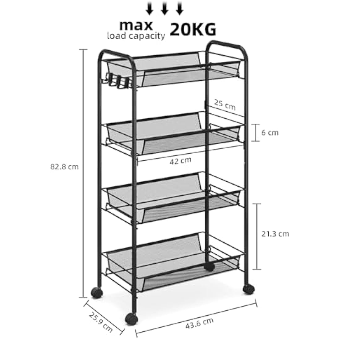 APEXCHASER 4-Tier Rolling Cart,Easy Assemble Mobile Storage Trolley On Wheels,Slide Out Utility Cart Shelving Units Kitchen Bathroom Laundry Room,Black