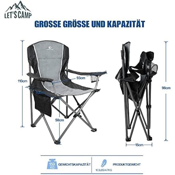 LET'S CAMP Camping Chair Foldable Fishing Chair, Heavy Duty Steel Frame Outdoor Chair with Cup Holder and Carrying Bag XL size up to 160kg