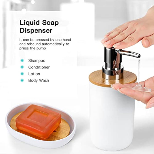 JOTOM 7 Pieces Bamboo Bathroom Accessory Set Luxury Plastic Accessories Qtip Holder Toothbrush Tumbler Toilet Brush Soap Dish Trash Can Dispenser Bath Gift (White) (JQJT1009)