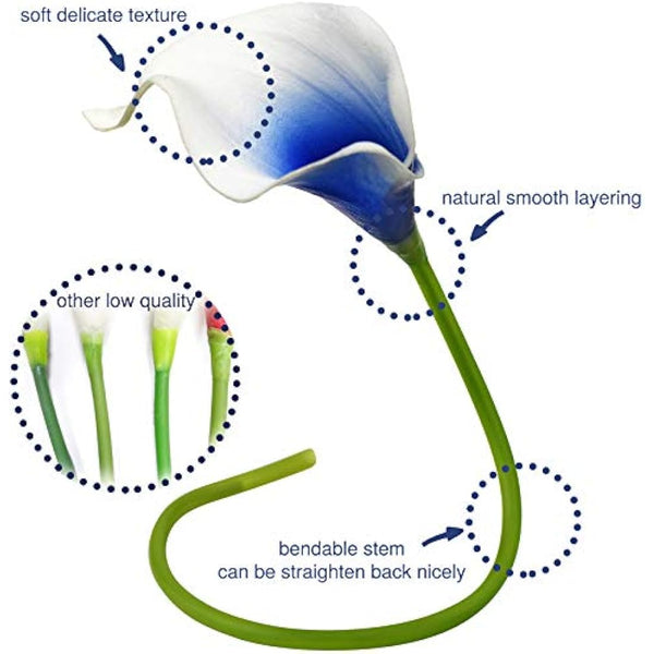 FiveSeasonStuff 10 Stems Real Touch Calla Lilies Artificial Flower Bouquet in Gift Box, Perfect for Wedding, Bridal, Party, Home Office Décor DIY (White & Blue)