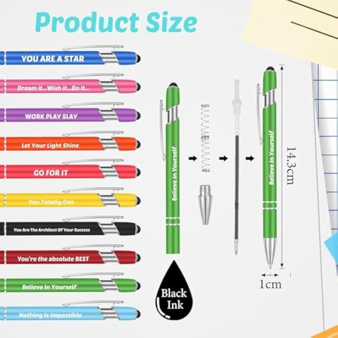 KAHEIGN 20Pcs Inspirational Ballpoint Pens, 14CM Motivational Quotes Pen Screen Touch Metal Pen Black Ink Stylus Pens for Women Men Bosses Office Desk Supplies (10 Positive Style)