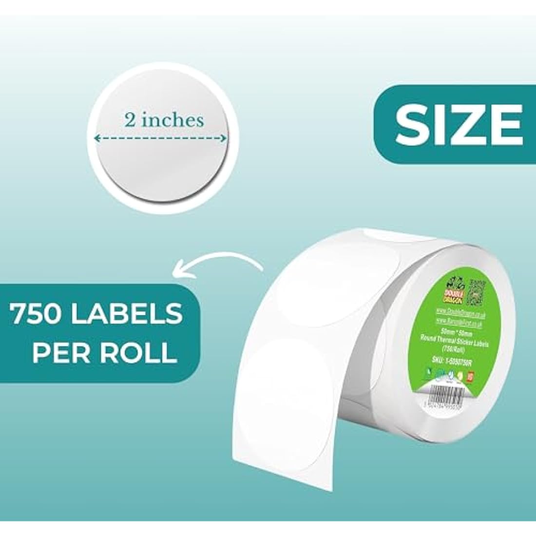 Double Dragon, 750 Premium Coated Direct Thermal Round Sticker Labels, 50mm x 50mm, Self-Adhesive, Compatible with Zebra, MUNBYN, Rollo, TSC, Toshiba, Citizen, Direct Thermal Label Printers GK420d