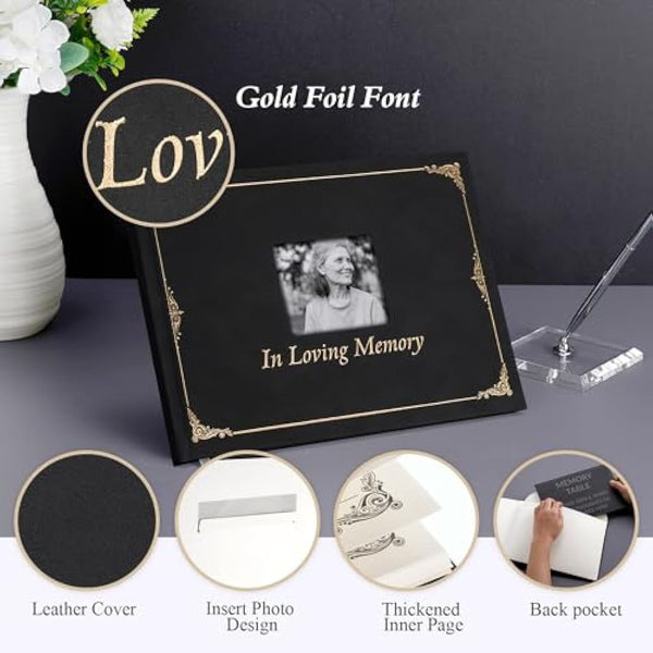 Funeral Memory Book, Leather Hardcover Funeral Guest Book with Gold Engraving, Memorial Guest Book, Book of Condolence with Memory Table Card Sign