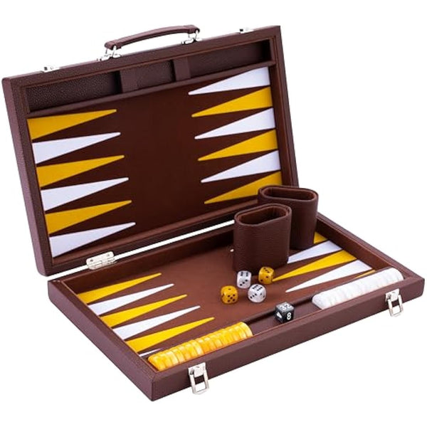 Engelhart - 250520 - Luxury Backgammon Set 15" - faux leather exterior, interior special felt inlay - pearly dice and token - 2 tumblers