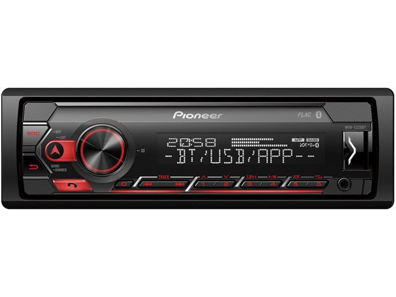 PIONEER 1-DIN receiver with Bluetooth, Red/White illumination, USB/3.5mm Jack, Spotify, Pioneer Smart Sync App and compatible with Apple and Android devices, Red/Black, MVH-S420BT