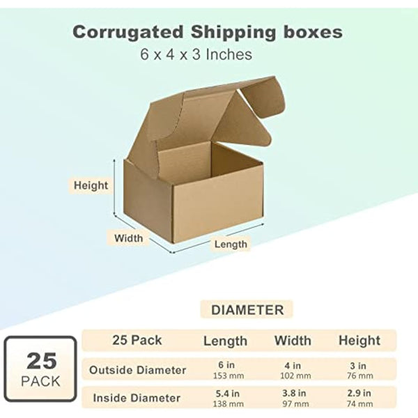 HORLIMER 25 Pack Shipping Boxes, 15.2x10.2x7.6cm(6x4x3 inches) Corrugated Cardboard Mailing Box, Brown