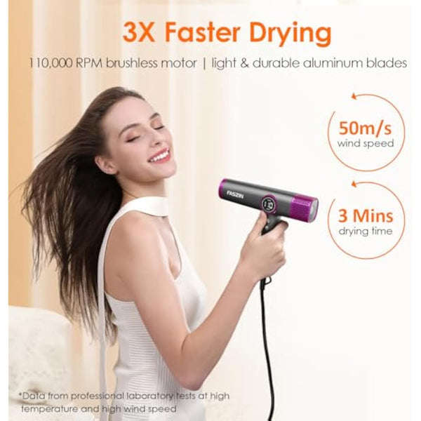 Faszin Hair Dryer, Lightweight Hairdryer with 110,000 RPM High Speed Motor for Fast Drying, 200 Million Ionic Hairdryers for Women & Men, Low Noise Hair Dryers, with 3 Magnetic Nozzle (Gray)