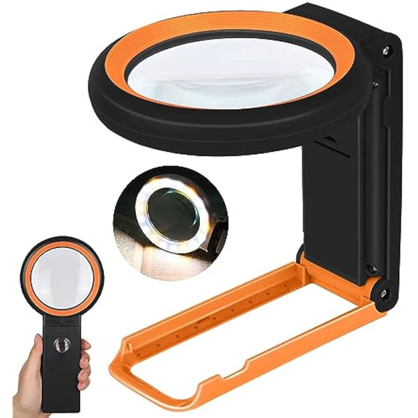 30X 40X Magnifying Glass with Light and Stand, Folding Handheld Magnifying Glass 18 LED Illuminated Lighted Magnifier for Macular Degeneration, Seniors Reading, Close Work, Coins, Jewelry (Black-o)