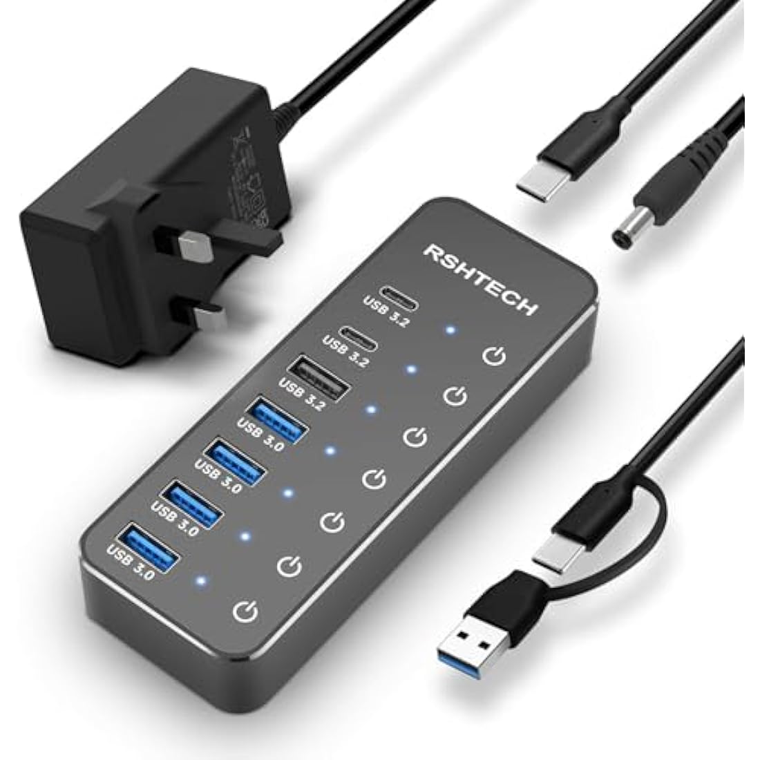 RSHTECH Powered USB Hub 3.1/3.2 Gen2, 7-Port USBC Hub with 4 USB 3.0, 10Gbps USB-A & 2 USB-C Data Ports, Aluminum USB3.2 Splitter for Laptops, PC and More (Upgraded Version, RSH-ST07C)