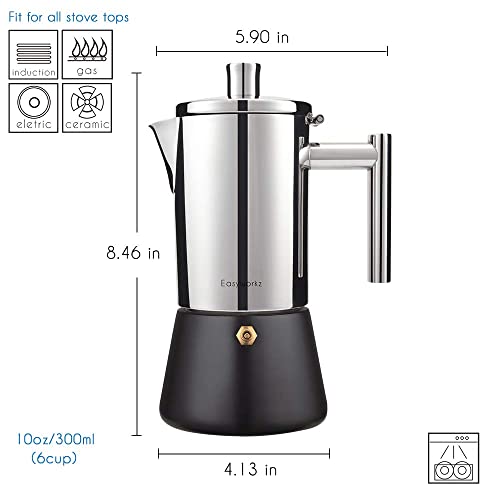 Easyworkz Diego Stovetop Espresso Maker Stainless Steel Italian Coffee Machine Maker 6cup 300ml Induction Moka Pot