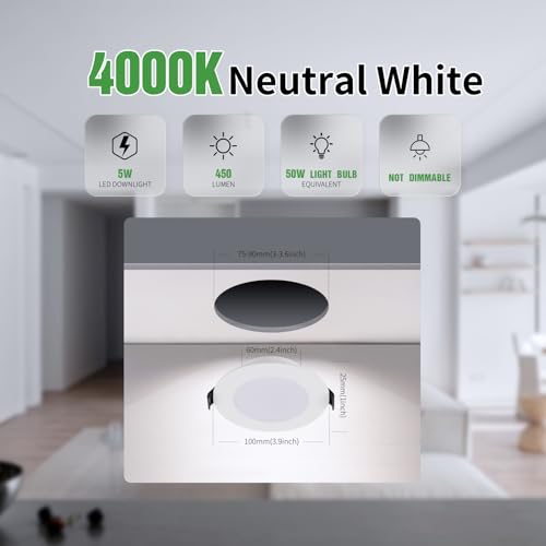 Grebeam 20 Pack LED Downlights for Ceiling 5W, 4000K Natural White, 450LM, IP44, LED Recessed Ceiling Lights, Cutout 75mm-90mm, Ultra Slim 25mm,