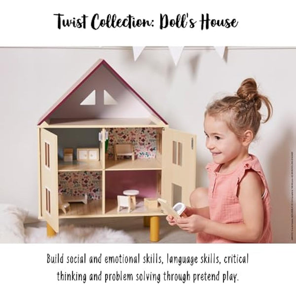 Janod - Twist Wooden Dollhouse - 11 Wood Accessories - Doll Furniture - Magnetic Doors - FSC Wooden Toy - 3 Years +, J06617