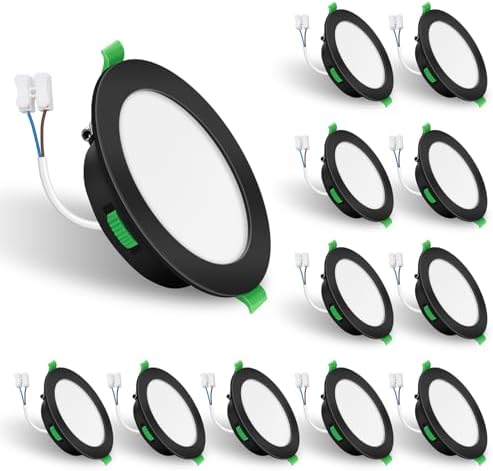 ALUSSO LED Recessed Ceiling Lights, 7W 480LM LED Downlights Dimmable, 30MM Ultra Slim Round Black Spotlights, Warm White/Neutral White/Cool White Adjustable, IP44 Waterproof for Bathroom, 12 Pack