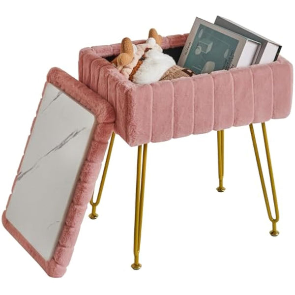 IBUYKE Stool Chair with Storage Space, Footrest Footstool Ottoman, Small Side Table, with 4 Metal Legs, with Anti-Slip Feet, for Makeup Room, Bedroom, Faux Fur, Pink L/G-50P
