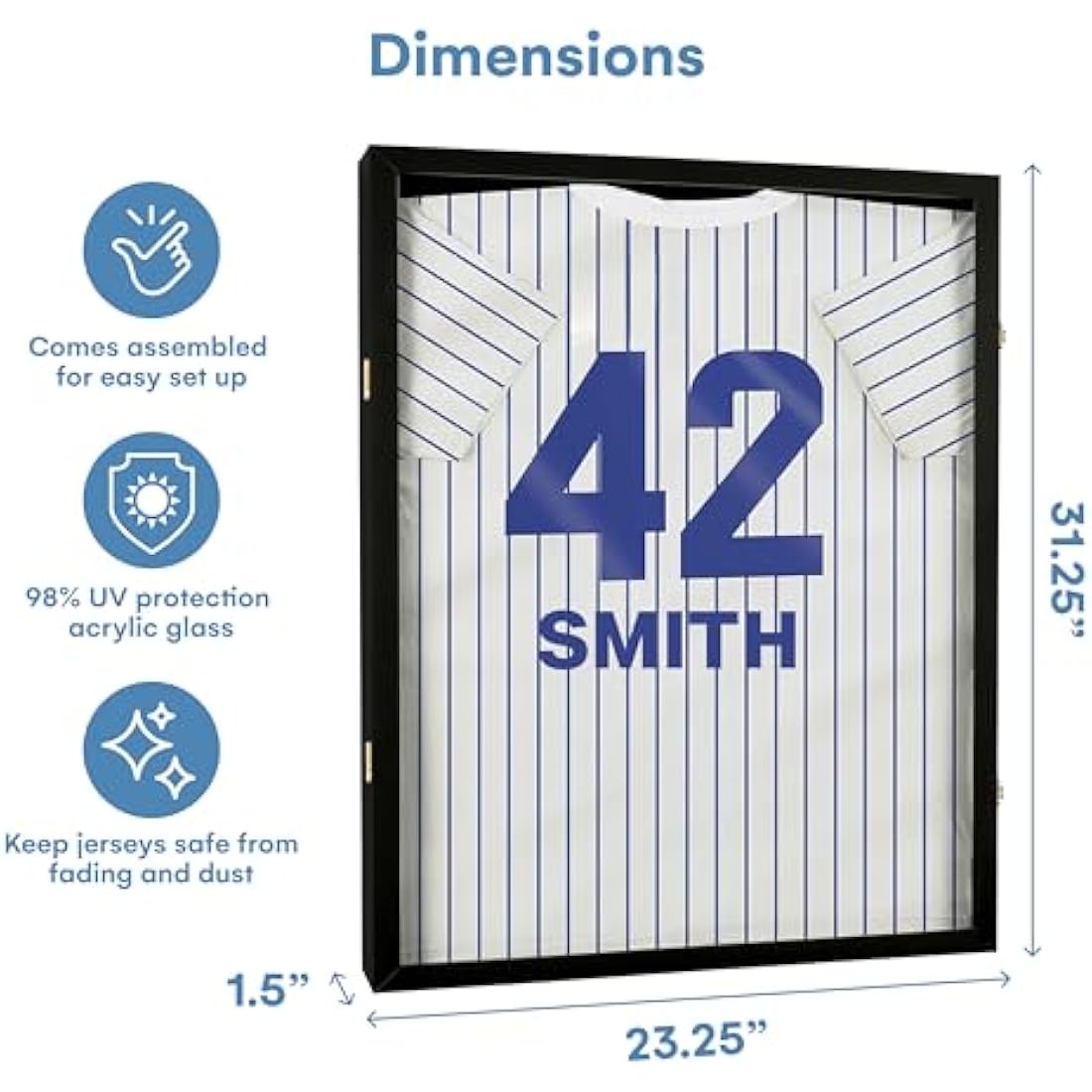 Schaukasten für Trikots, großer Objektrahmen, abschließbar, mit UV-Schutz, Acryl, Präsentation per Kleiderbügel oder Feststecken, für Baseball-, Basketball-, Fußball-, Sport-Trikots, schwarz lackiert