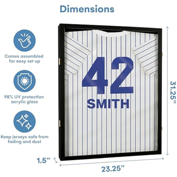 Schaukasten für Trikots, großer Objektrahmen, abschließbar, mit UV-Schutz, Acryl, Präsentation per Kleiderbügel oder Feststecken, für Baseball-, Basketball-, Fußball-, Sport-Trikots, schwarz lackiert