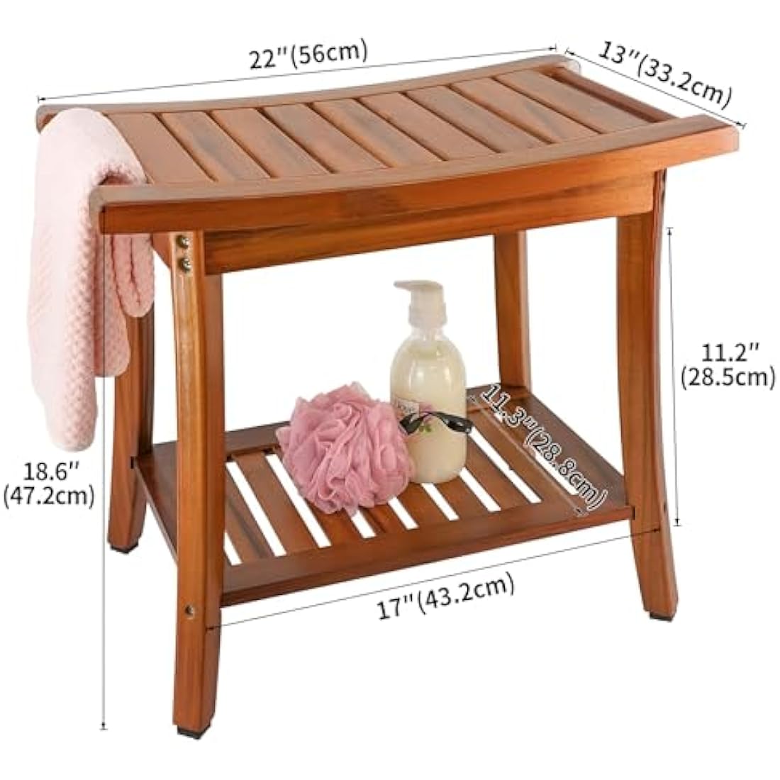 Utoplike Teak Shower Bench Seat with Handles, Wooden Spa Bathing Stool with Storage Shelf, 2-Tier Large Waterproof Chair for Bathroom and Bedroom, Livingroom Use
