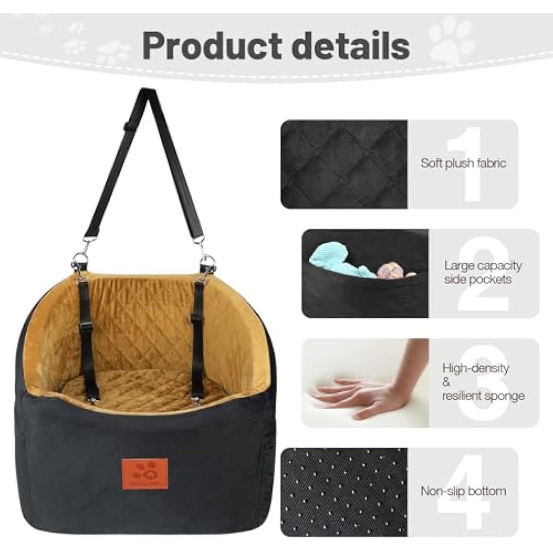 Dog Car Seat for Small Medium Dogs, Memory Foam Booster Car Seat for Dogs up to 35 lbs, Elevated Pet Car Seat, Travel Bed with Washable Removable Cover and Storage Pockets (Black/Coffee)