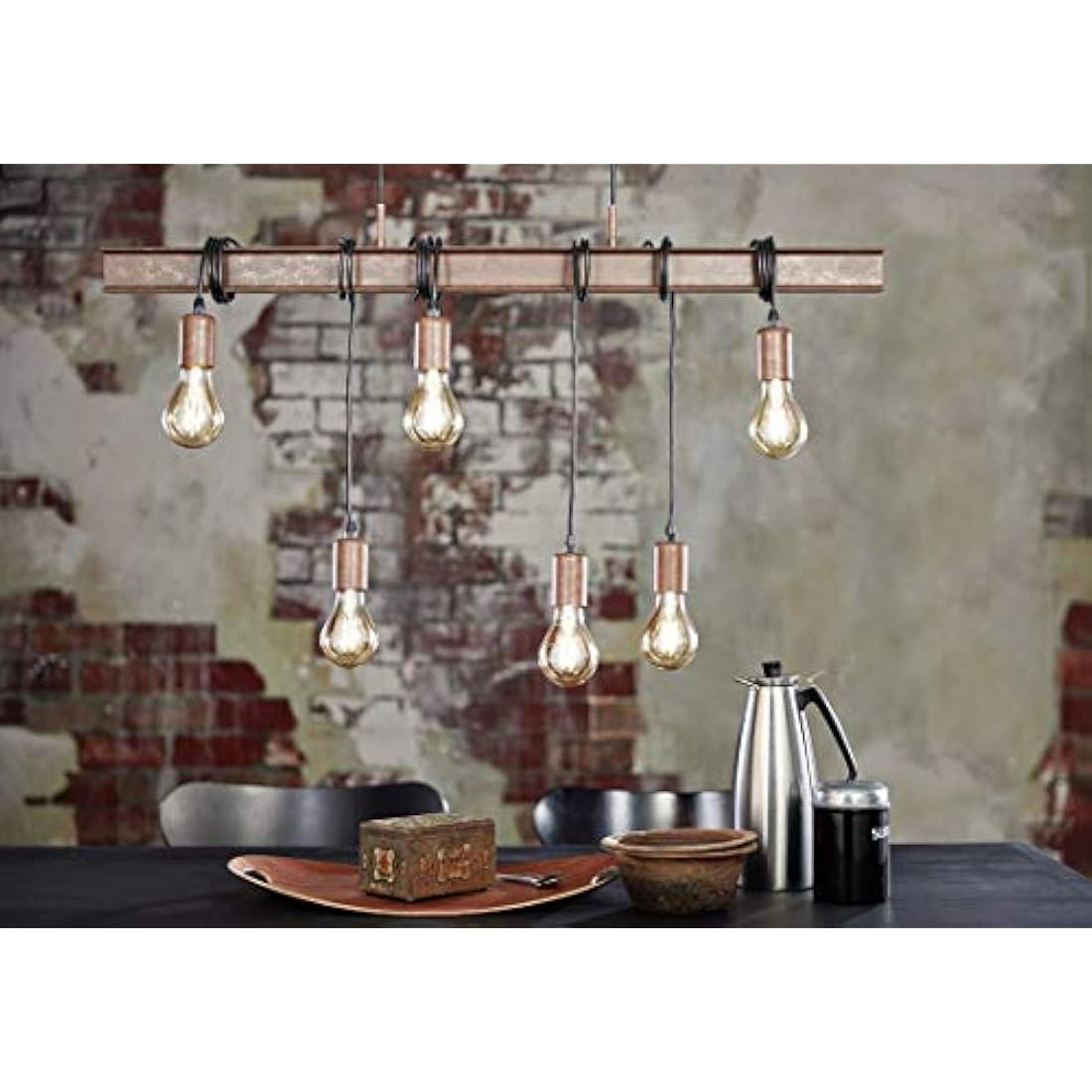Eglo Townshend 6-flame vintage/industrial design pendant lamp, retro steel and antique brown hanging light, E27 socket