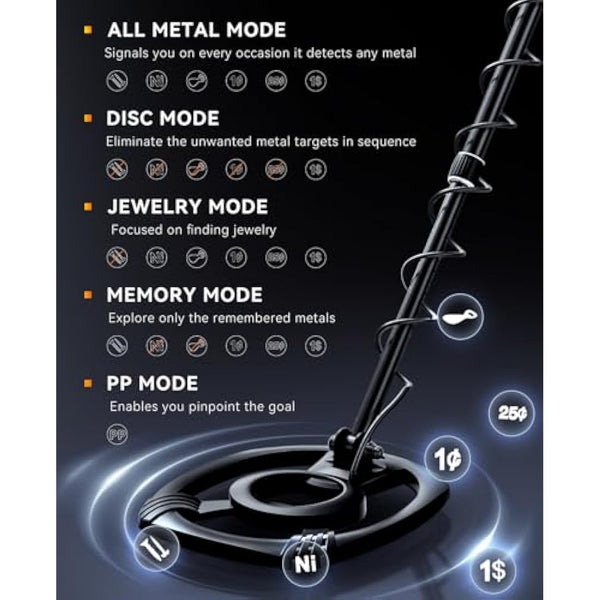 SUNPOW Metal Detector for Adults Professional, High-Tech with DSP Chip and Structure, 3 Pieces Custom, 30cm Waterproof Coil, 2 x LCD Display, 5 Modes, Adjustable Length (50 cm - 150 cm), Stable Spiral