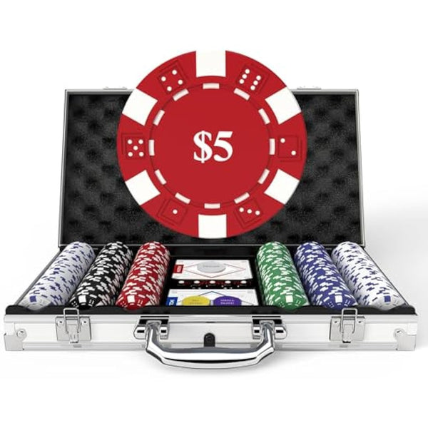 HEITOK Poker Set for Texas Hold'em with 300-Piece 11.5g Denominations Poker Chips, 5 Dice & 2 Decks in Portable Aluminum Case – Professional Blackjack Games (Age 8+)