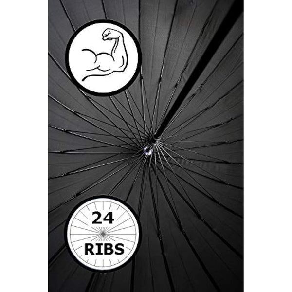 60MPH Strong Umbrella with 24 Ribs - Windproof Umbrella Automatic Large - Reinforced Frame - Wood Hook Handle - Best for Most Ribs - Designer Rainproof Big Golf Men Women - Black