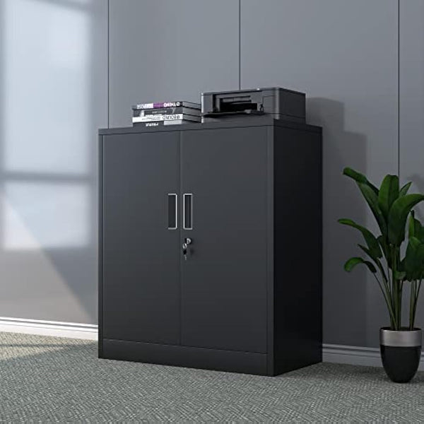 iJINGUR Metal Storage Cabinet with Locking Doors and 2 Adjustable Shelves, Small Lockable Storage Cupboard for Home Office Garage (Black)