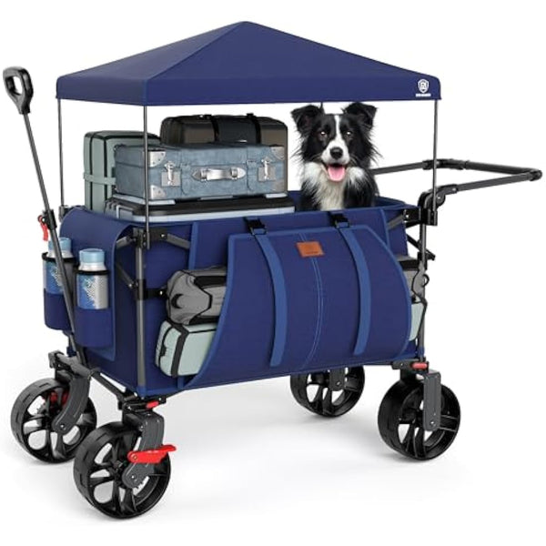 EVER ADVANCED 225L Festival Trolley on Wheels with Removable Canopy, 150KG Heavy Duty Camping Trolley, Push & Pull Beach Cart with 3 Large Pockets, Garden Folding wagon Fishing Blue