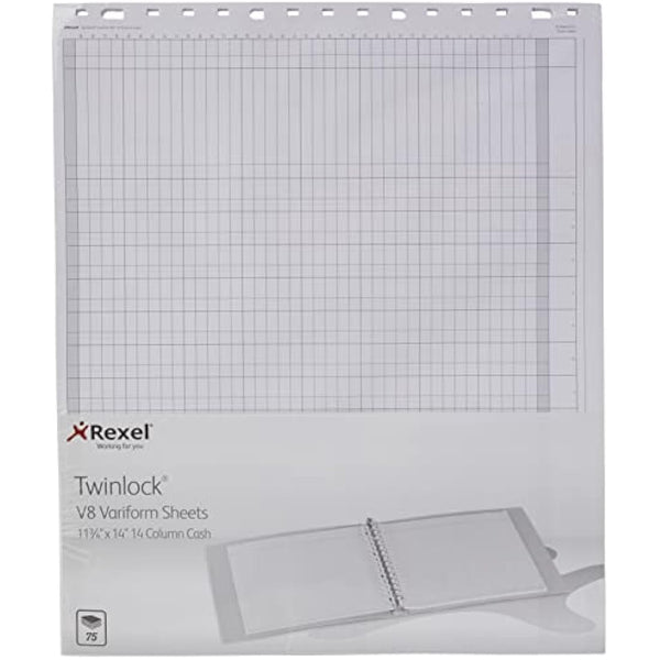 Rexel Twinlock Variform Multi-Ring Binder V8 Cash Refill Sheets 14 Columns , White (Pack of 75)