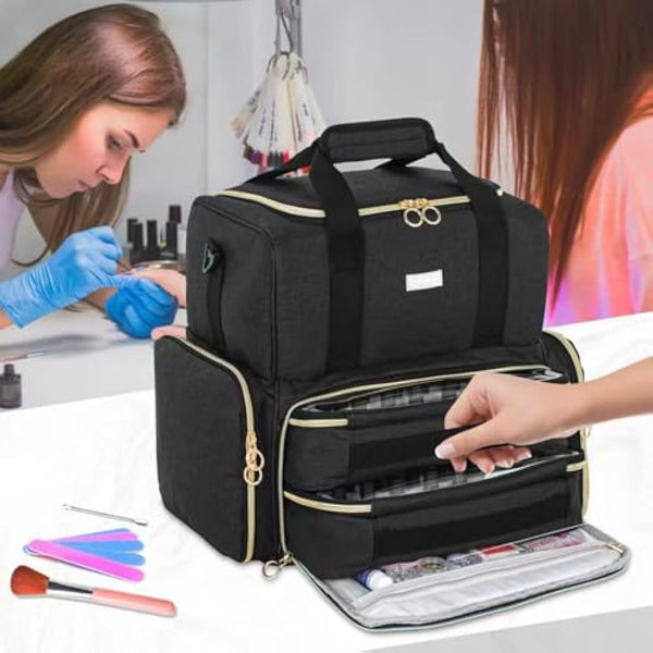 IVODEELA Nail Polish Organiser Bag,Large Nail Kit Bag Holds 80 Bottles and a Nail Lamp,Nail Polish Carrying Case with Two Removable Bags,Portable Nail Polish Holder for Nail Supplies