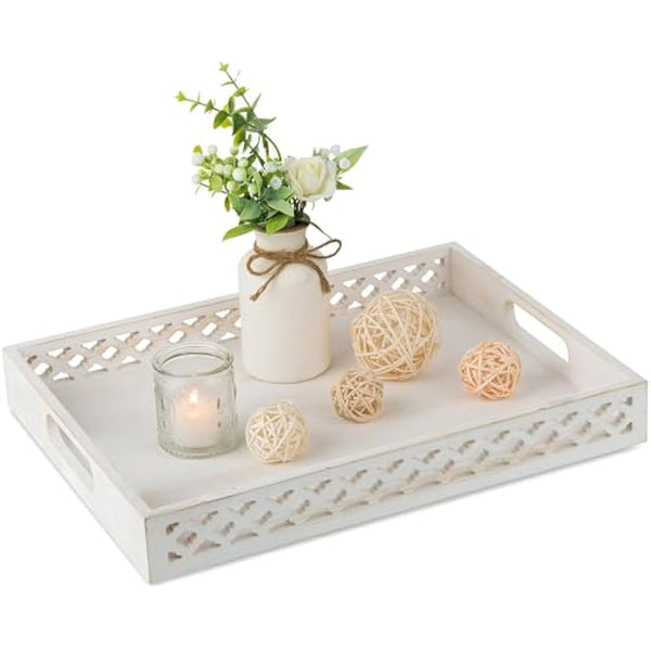 Hanobe Wooden Serving Decorative Tray: White Coffee Table Centerpiece Wood Trays with Handles for Ottoman Rectangle Large Farmhouse Home Decor, Hand Carved