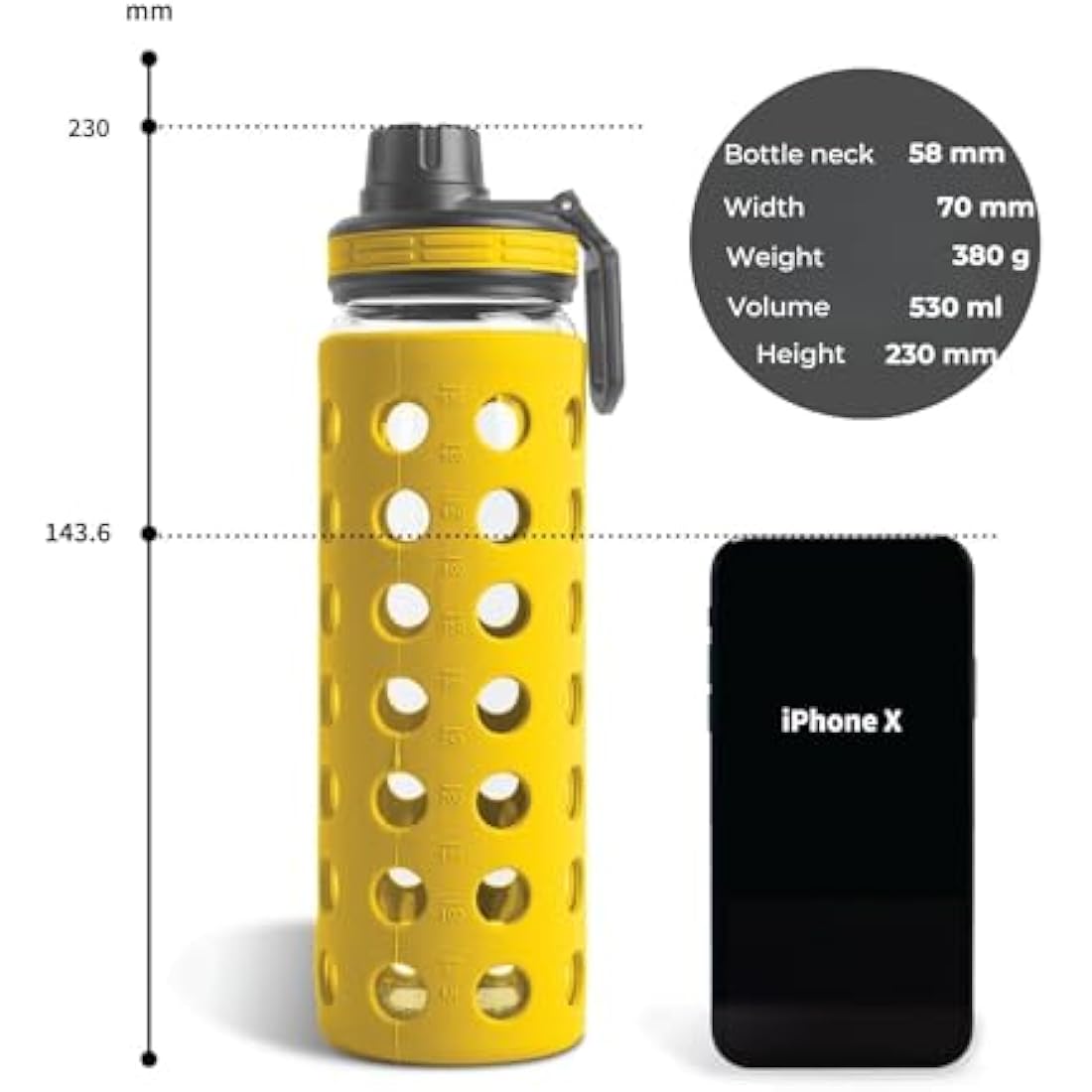 hydro2go Glass Water Bottle with Silicone Sleeve – Dishwasher Safe, 2 Interchangeable Lids, 100% Leak-proof & BPA-free – Ideal for Children, Office, Sports & Outdoor (Blazing Yellow 2.0) – 550 ml