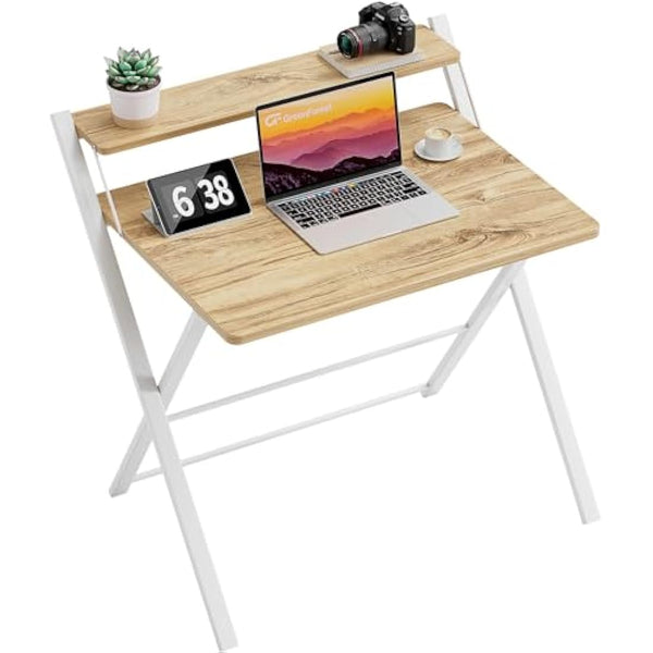 GreenForest Folding Desk No Assembly Required,Computer Desk with Monitor Shelf,Small Desk for Small Space,Oak