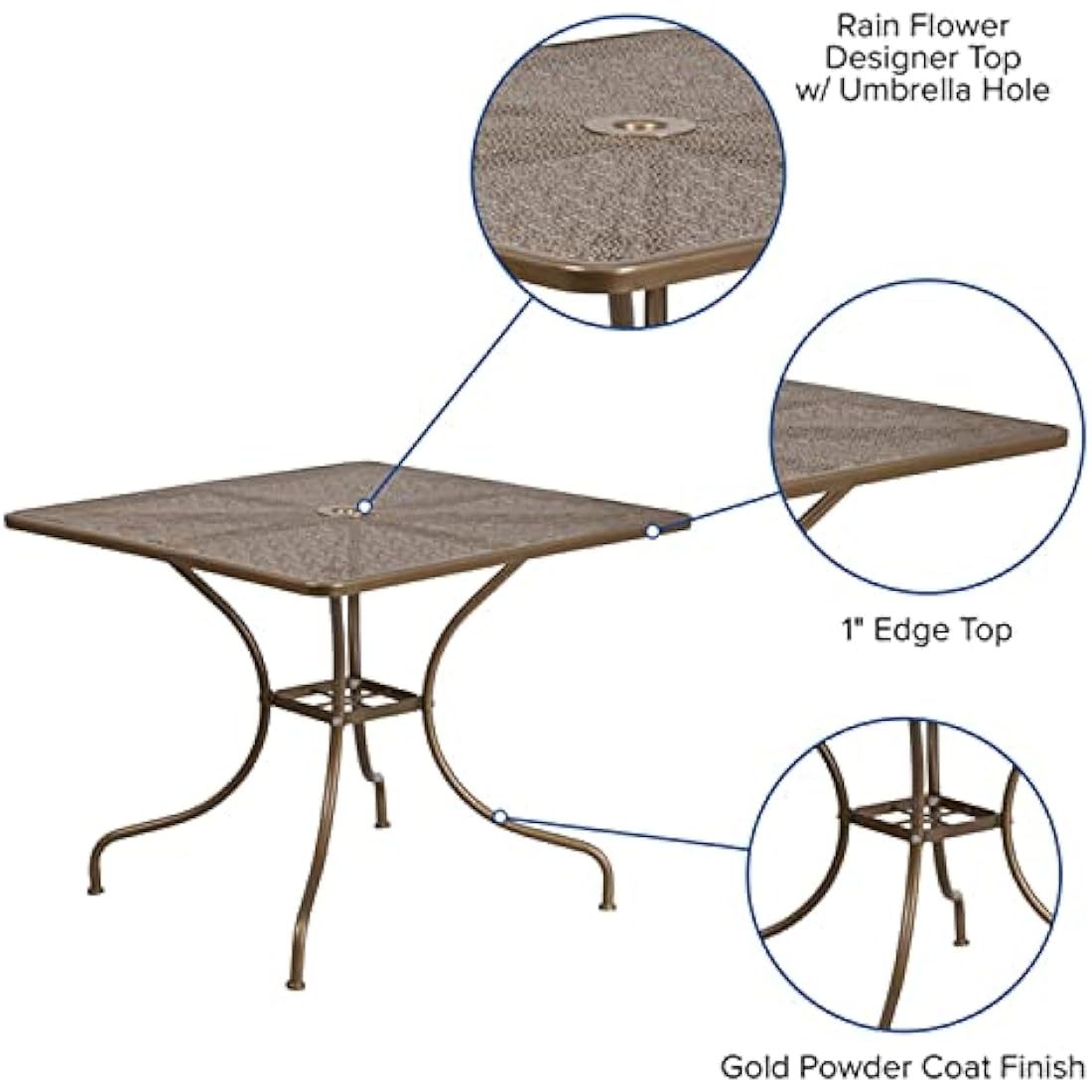 Flash Furniture Oia Commercial Grade 35.5" Square Gold Indoor-Outdoor Steel Patio Table with Umbrella Hole