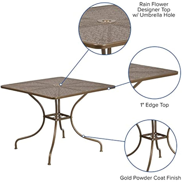 Flash Furniture Oia Commercial Grade 35.5" Square Gold Indoor-Outdoor Steel Patio Table with Umbrella Hole