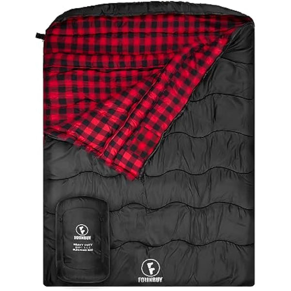 FORINBUY Winter Cotton Flannel Double Sleeping Bag for Adults - 0 degree Queen Size 2 Person Sleeping Bag, Waterproof & Warm for Cold Weather, Ideal for Couples, Family Camping & RV Travel