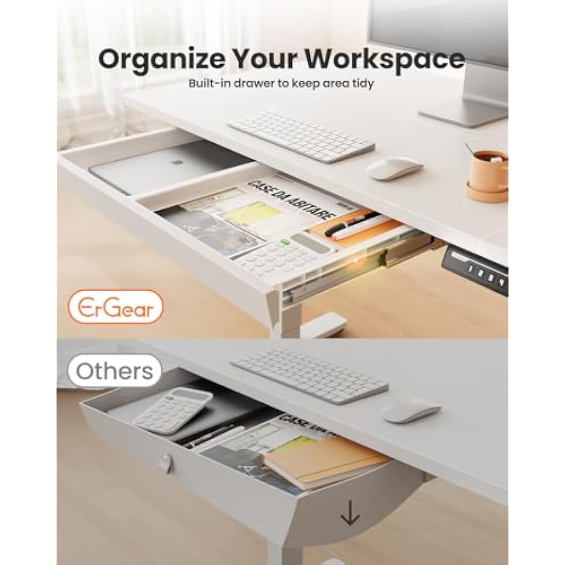 ErGear Electric Standing Desk 160 x 80 cm, Height Adjustable Desk, Sit Stand Table with Easy-Glide Drawer & 4 Memory Smart Pannal, T-Leg Design for Stability, Splice Board, White Frame & Surface
