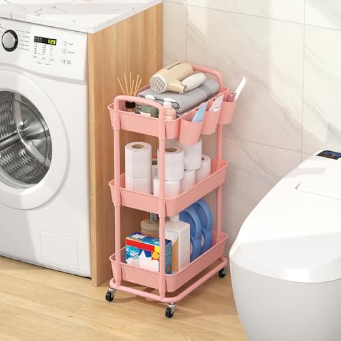 JIUYOTREE 3-Tier Plastic Rolling Storage Cart Utility Cart with Extra Hanging Cups Handles Lockable Wheels for Living Room Bathroom Kitchen Office Pink