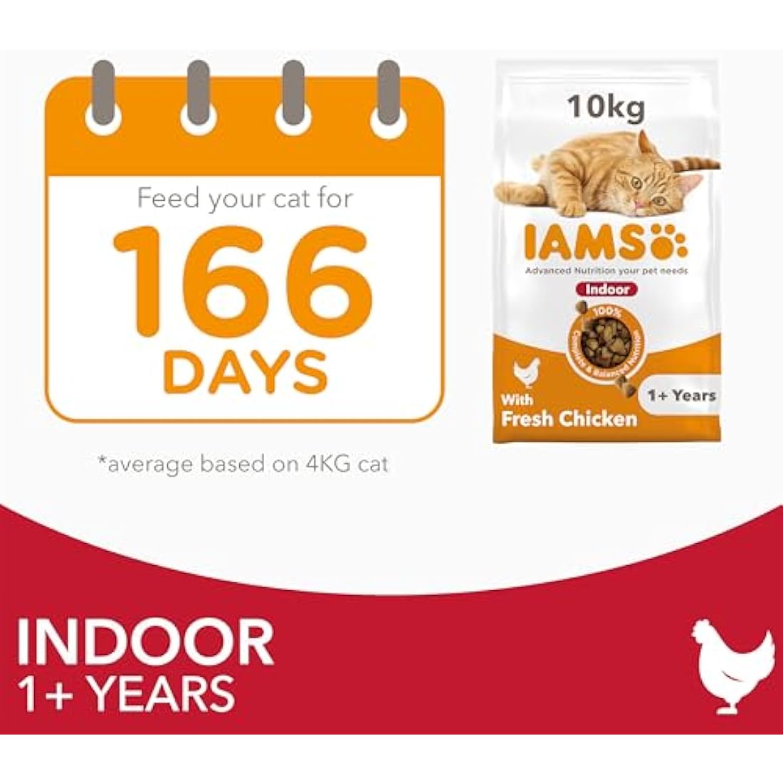 IAMS Indoor Complete Dry Cat Food Chicken 10kg - Litter Odour Control, Hairballs & Weight Management