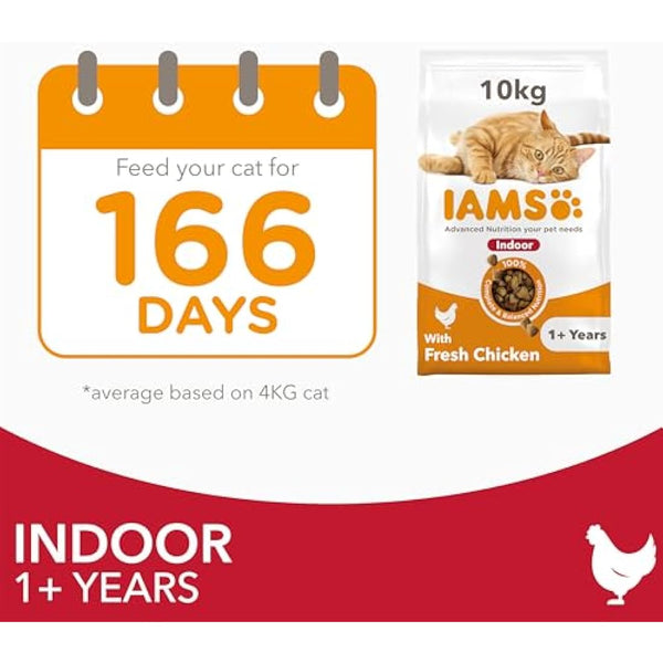 IAMS Indoor Complete Dry Cat Food Chicken 10kg - Litter Odour Control, Hairballs & Weight Management