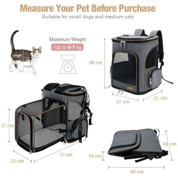 Lekesky Expandable Cat Carrier Backpack - Portable Breathable Rucksack for Medium and Small Cats & Dogs, Foldable with Inner Escape-proof Leash and Pet Mat, Supports 15 lbs (Grey)