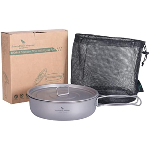 iBasingo 1000ml Titanium Frying Pan 19cm Camping Cookware with Lid & Folding handle Outdoor Lightweight Portable Griddle Hiking Skillet Dish Plate Bowl Kitchen Cooking Kit